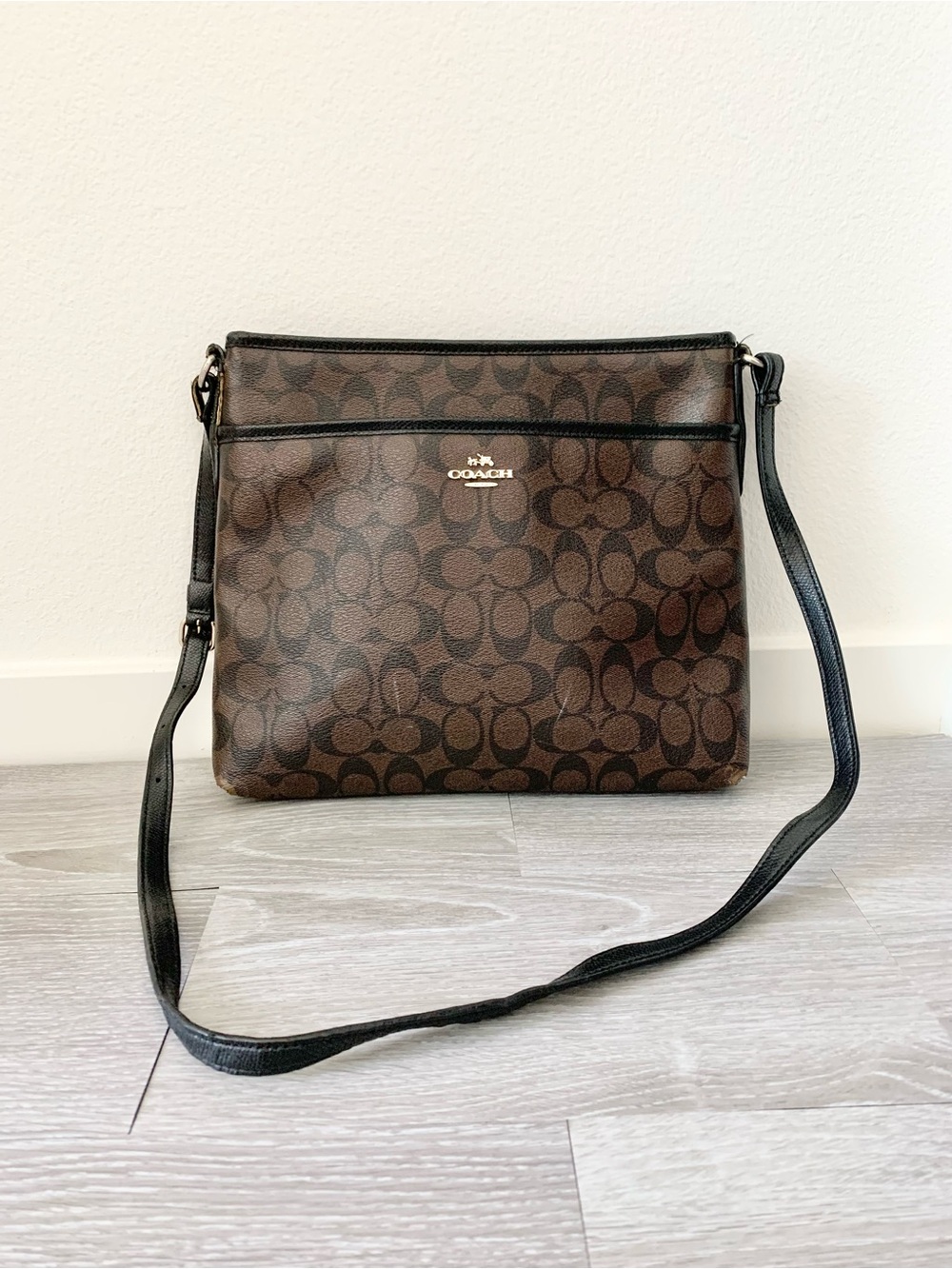 Coach Brown Black Monogram Signature File Crossbody Bag